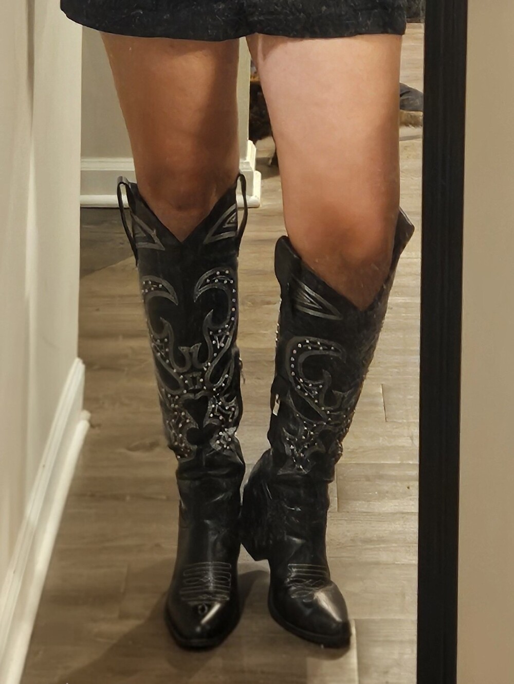 Black Embellished Knee-High Western Boots - Women